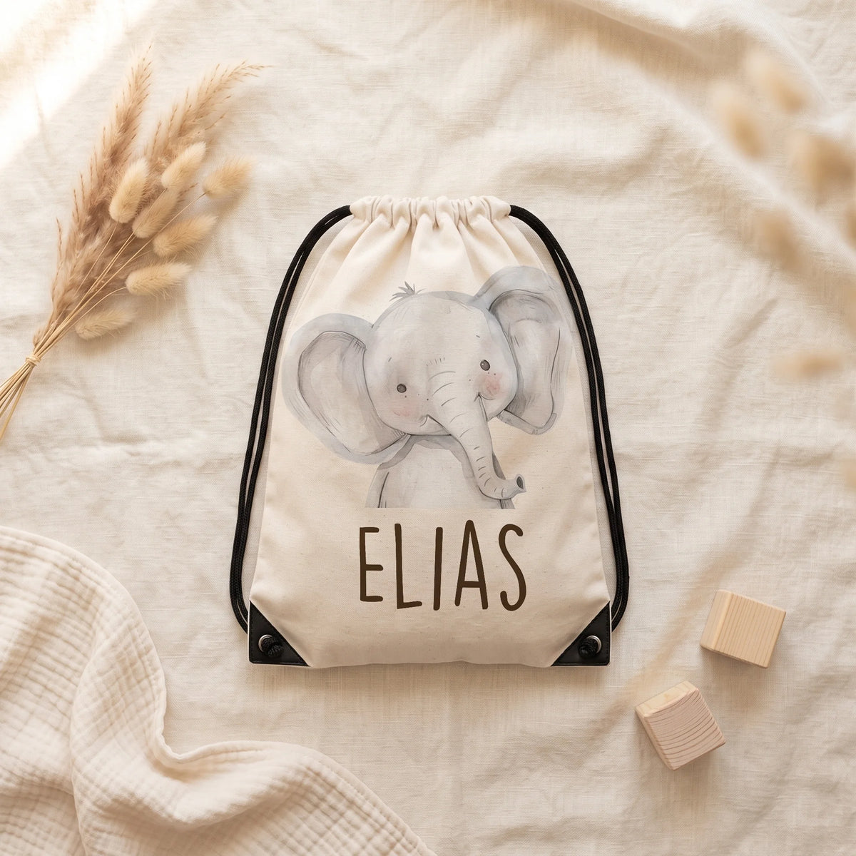Personalisierter Turnbeutel Baby Elefant, naturfarbener Sportbeutel mit Wunschname und schwarzer Kordel