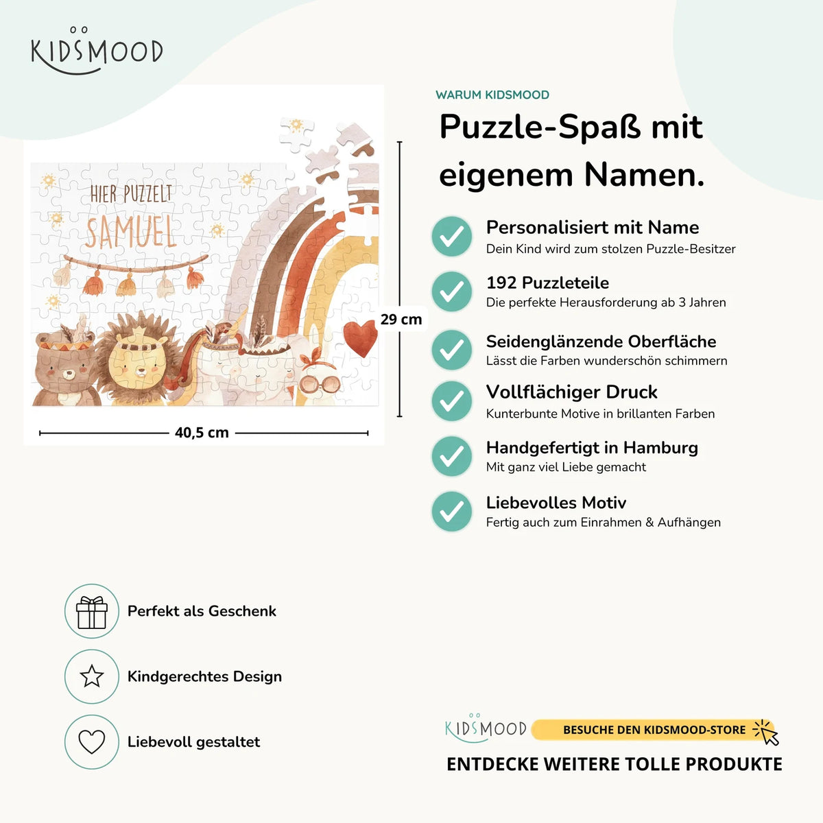 Kinderpuzzle personalisiert mit Namen - Boho Tiere mit Regenbogen
