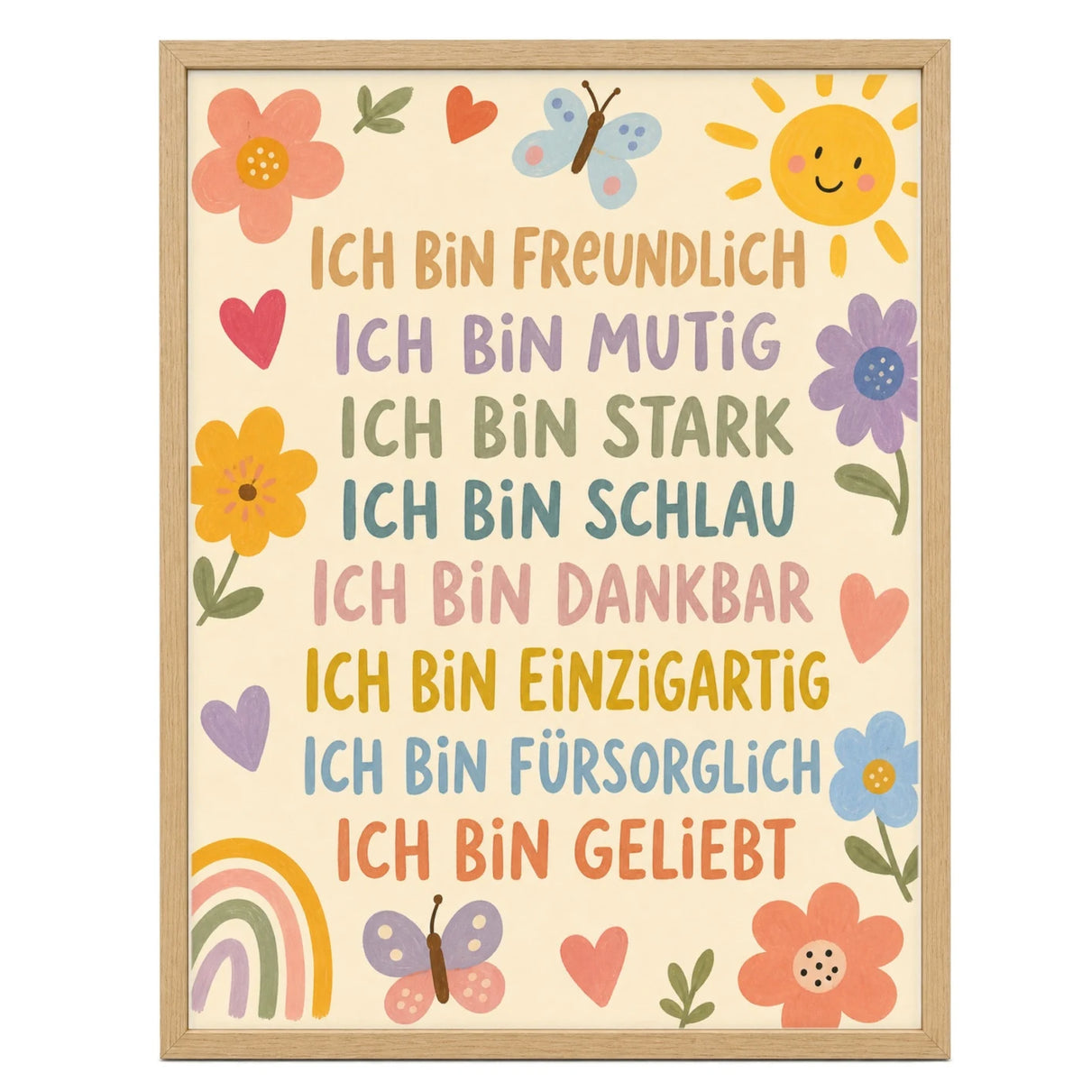 Affirmationsposter „Blumenwiese Ich bin freundlich“ fürs Kinderzimmer – Kinderposter mit positiven Botschaften, 30 × 40 cm