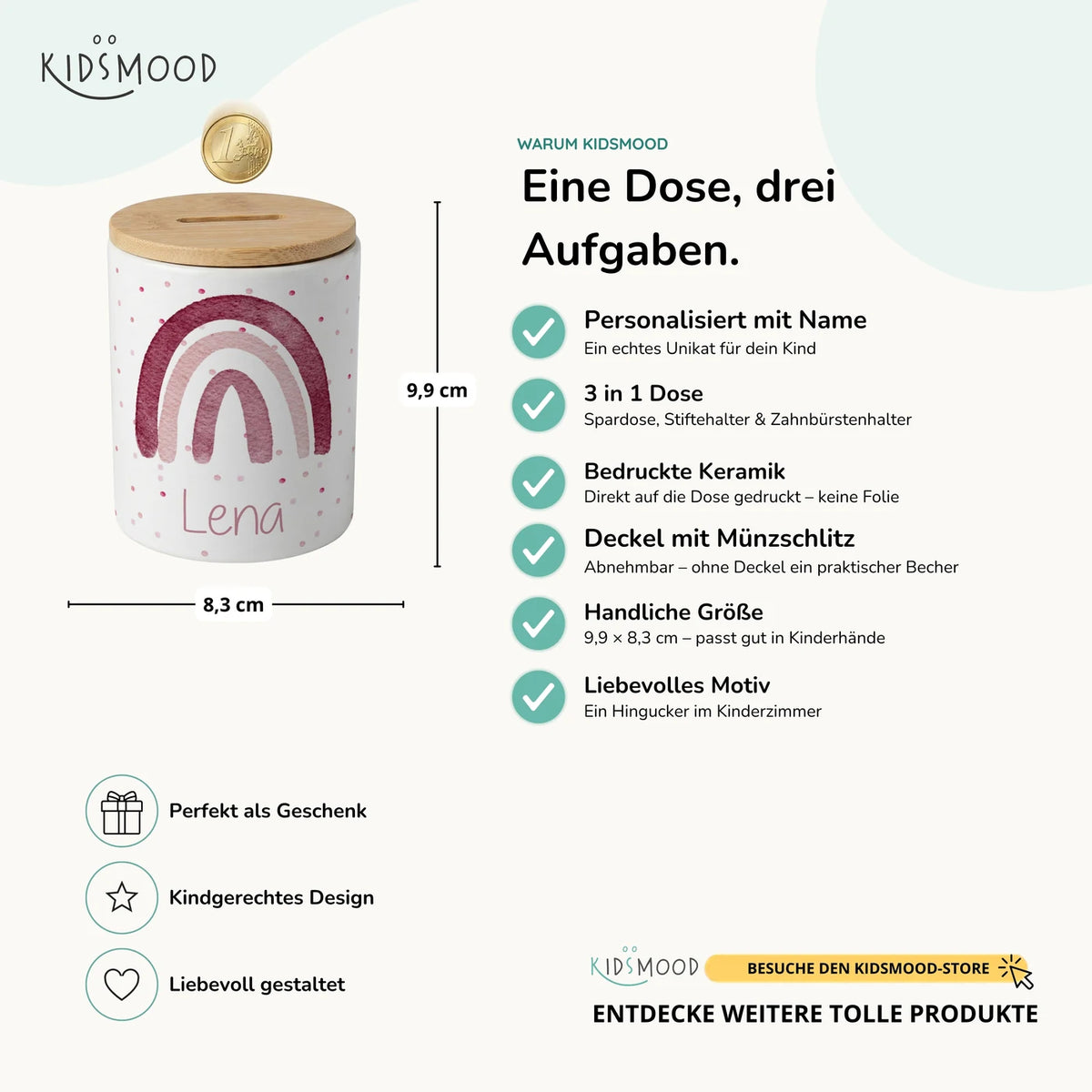 Personalisierte Spardose Regenbogen Rosa – Keramik & Bambus mit Wunschname