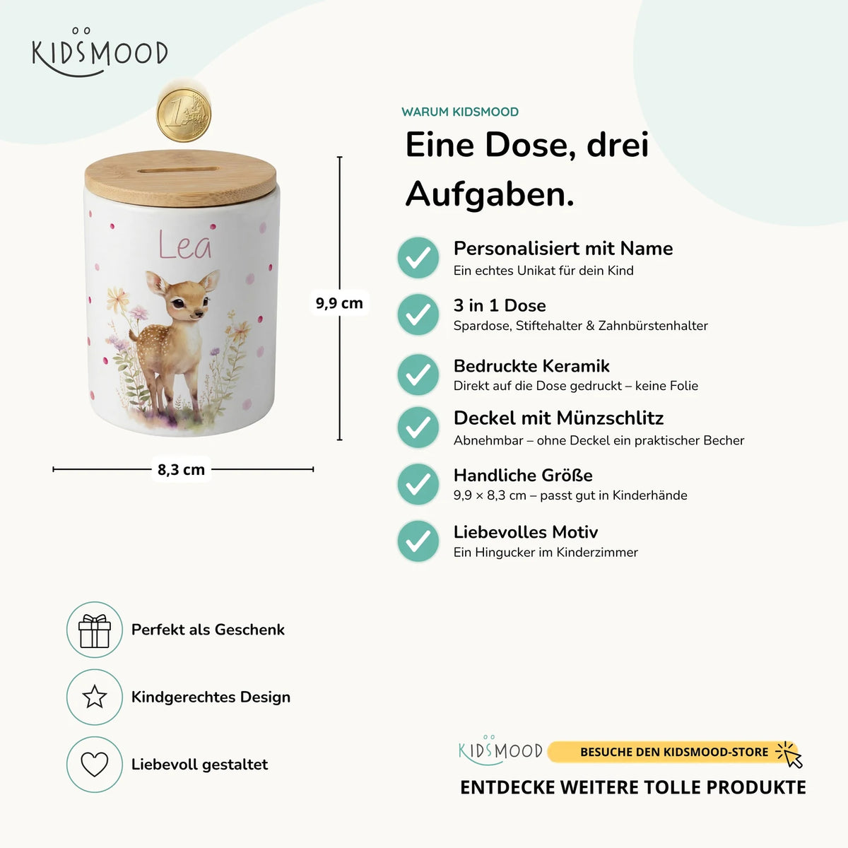 Personalisierte Spardose Rehkitz Blumenwiese – Keramik & Bambus mit Wunschname