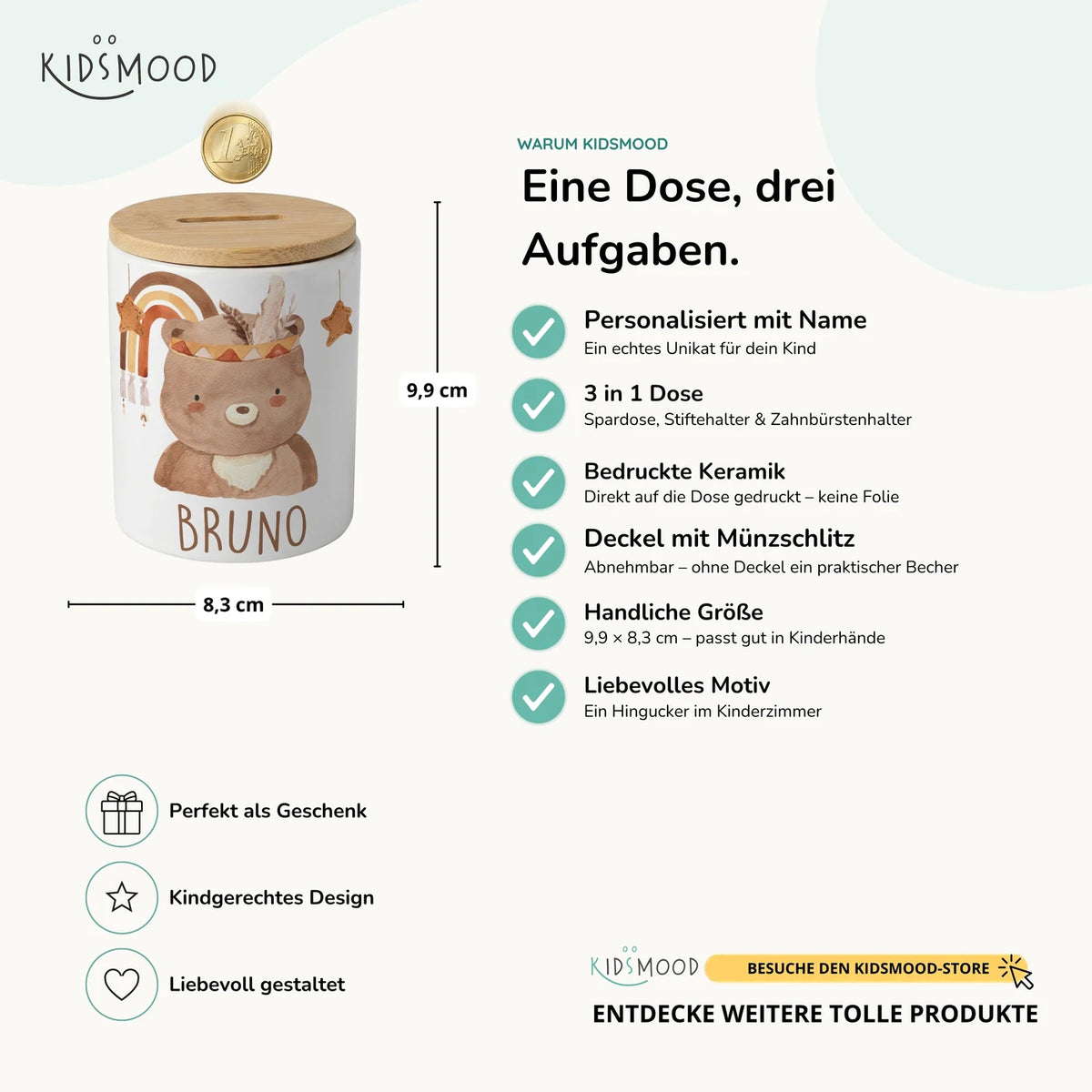 Personalisierte Spardose Boho-Bär – Keramik & Bambus mit Wunschname