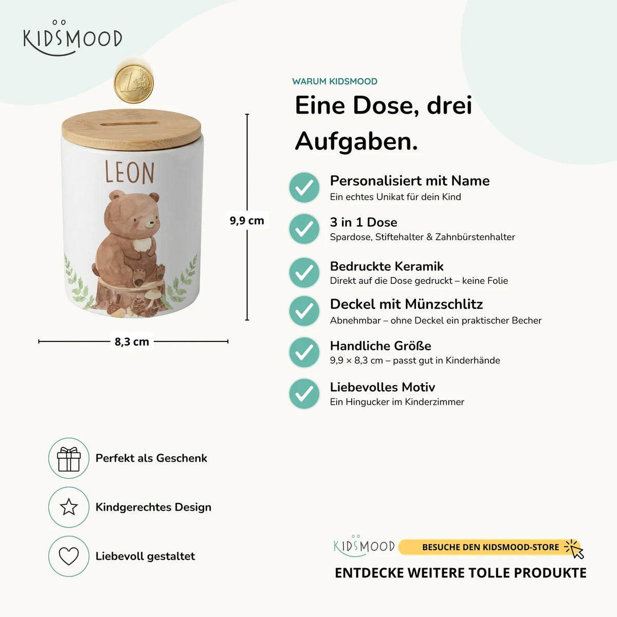 Personalisierte Spardose Bär Wald – Keramik & Bambus mit Wunschname