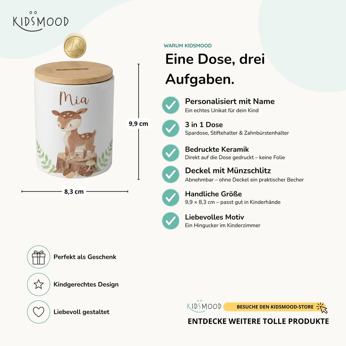 Personalisierte Spardose Rehkitz Wald – Keramik & Bambus mit Wunschname