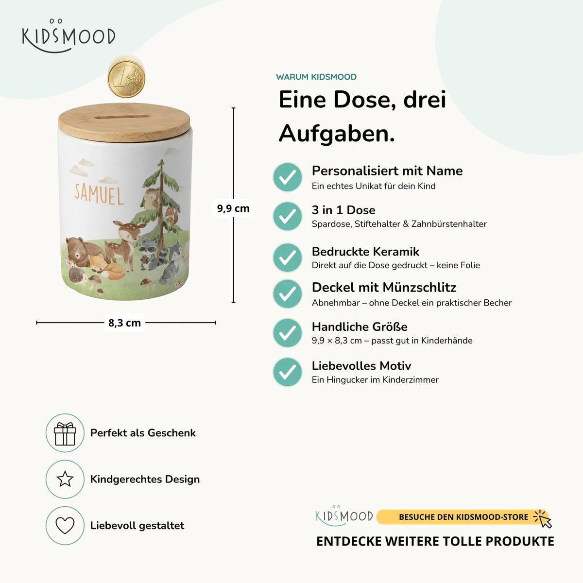 Personalisierte Spardose Waldszene V – Keramik & Bambus mit Wunschname