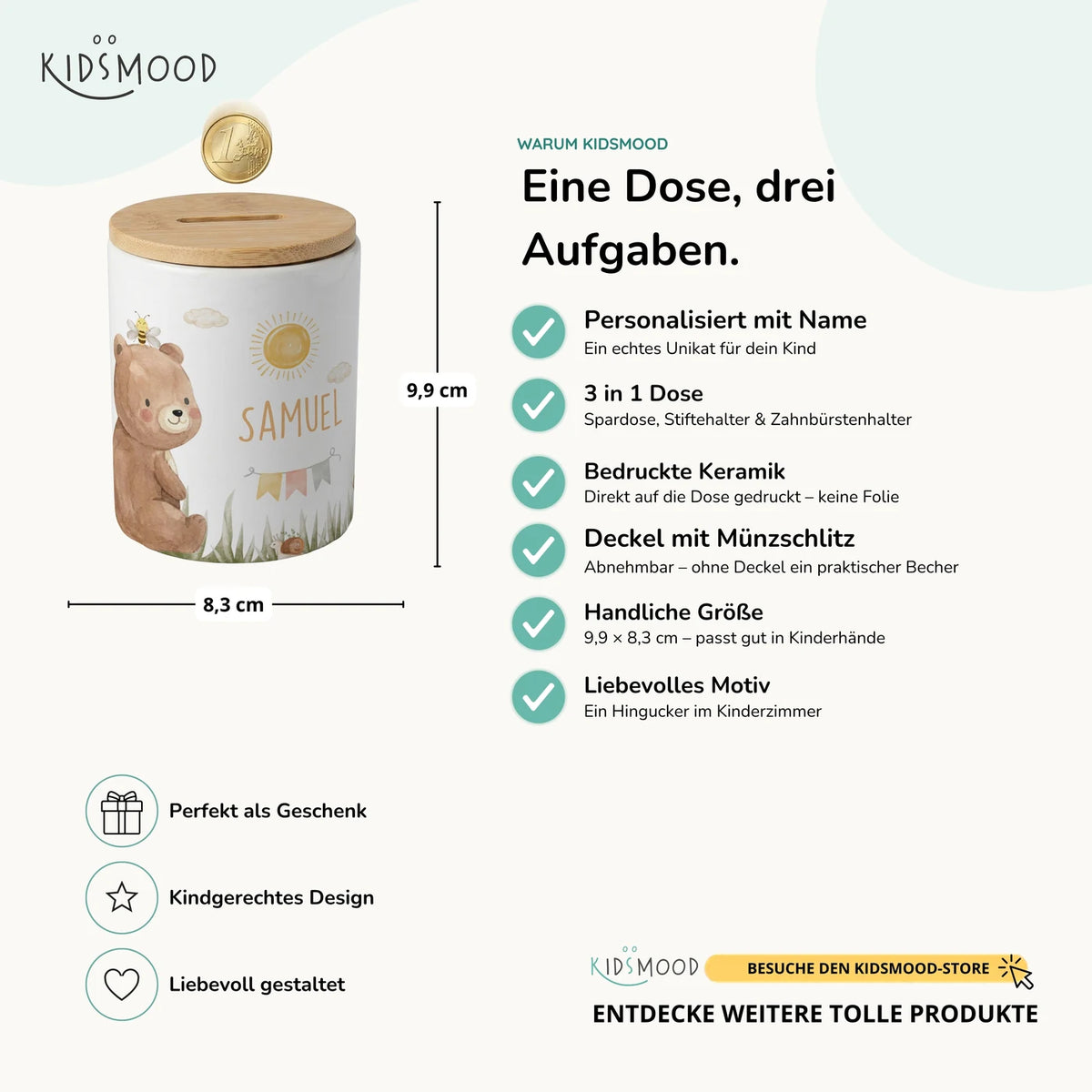 Personalisierte Spardose Bär Sommer – Keramik & Bambus mit Wunschname