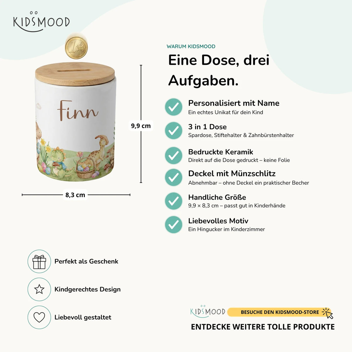 Personalisierte Spardose Dinos Ostern – Keramik & Bambus mit Wunschname