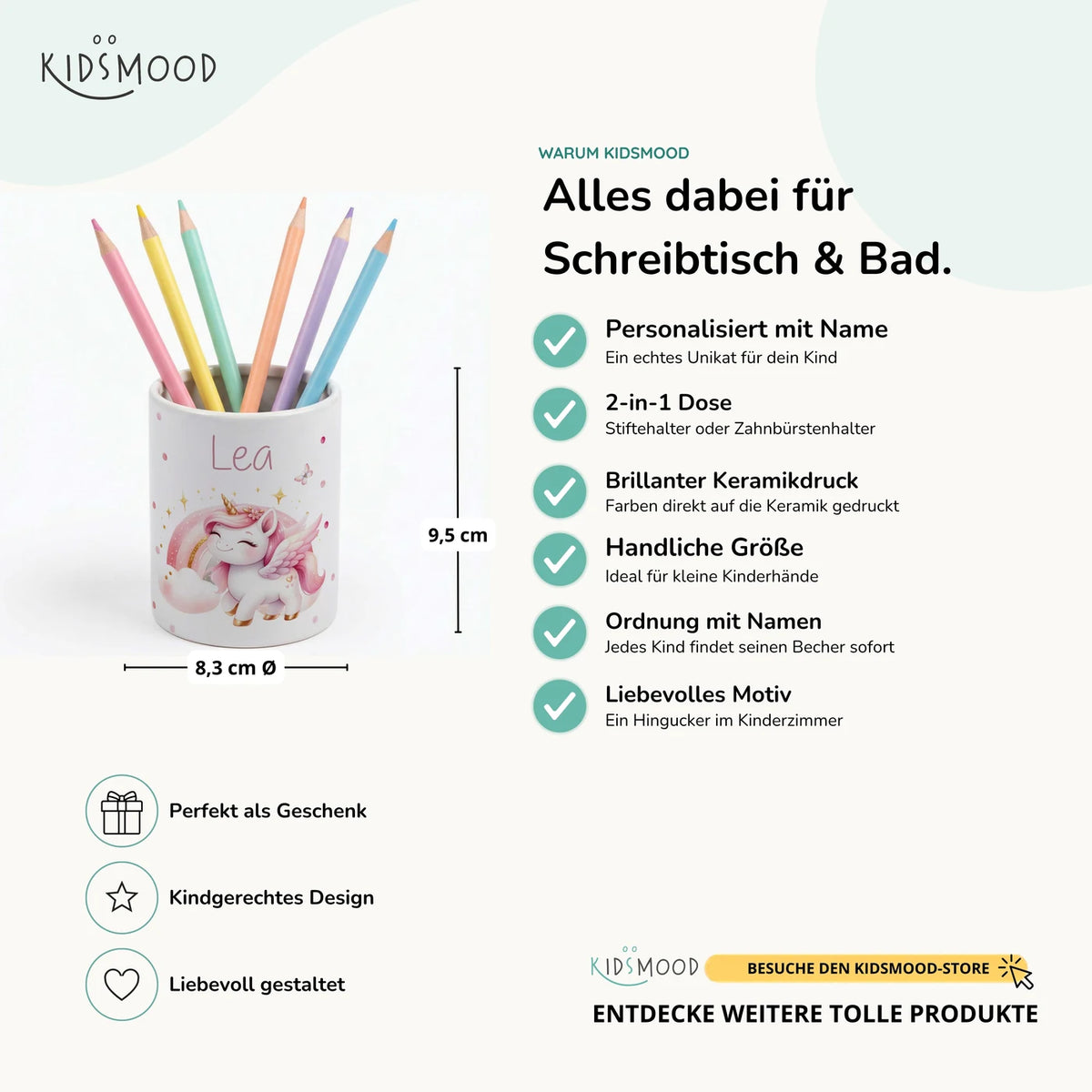 Personalisierter Stiftehalter Einhorn Flügel – Keramik mit Wunschname