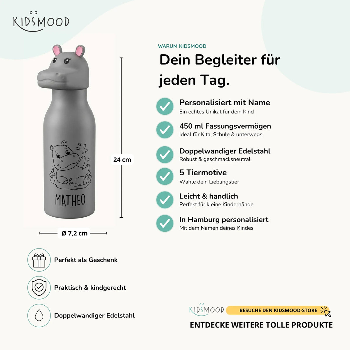 Personalisierte Trinkflasche Kinder Nilpferd – 450 ml