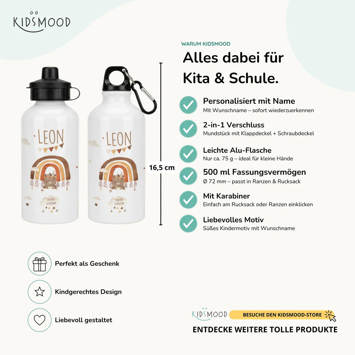 Personalisierte Trinkflasche Kinder – Bär Regenbogen Schulkind
