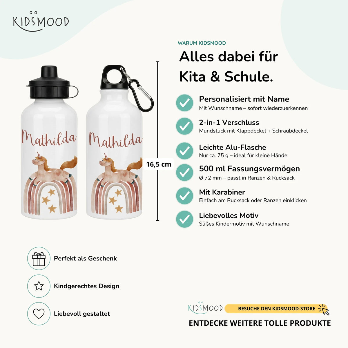 Personalisierte Trinkflasche Kinder – Einhorn Boho-Regenbogen