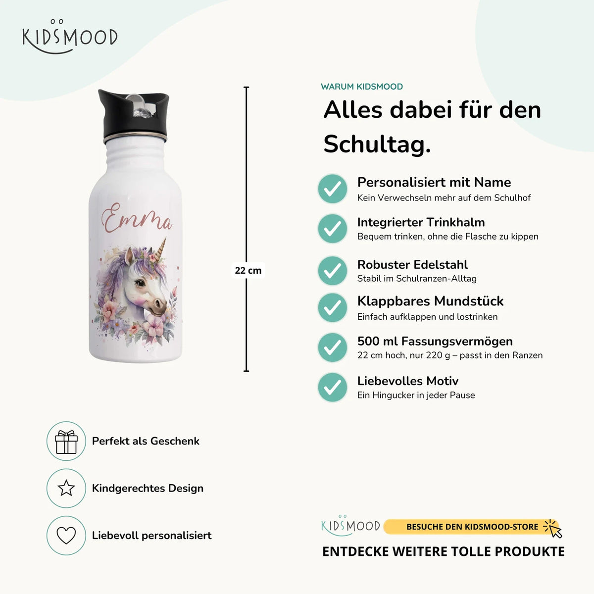 Trinkflasche Kinder Edelstahl - Einhorn mit Blüten