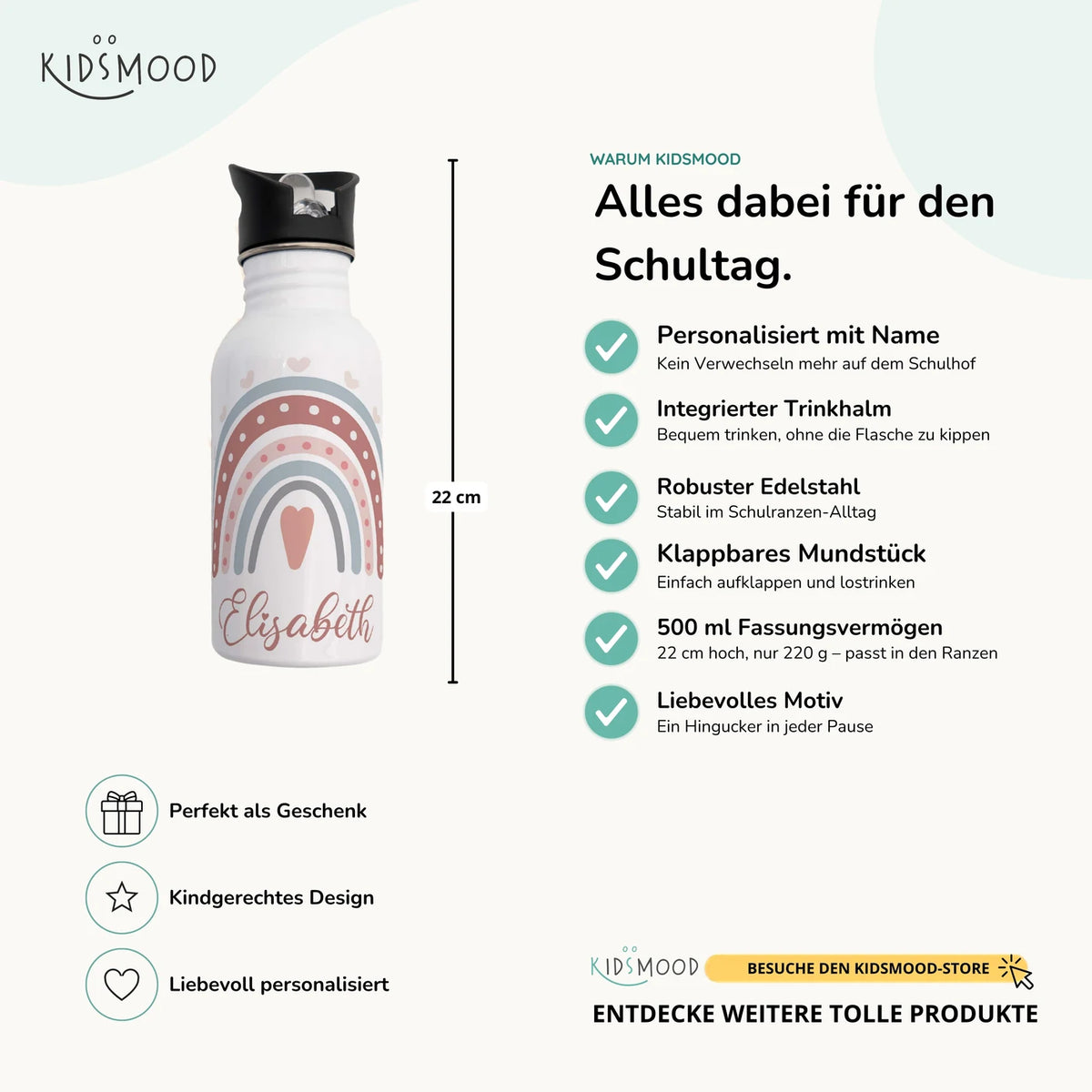Trinkflasche Kinder Edelstahl - Regenbogen - Personalisierbar mit Namen