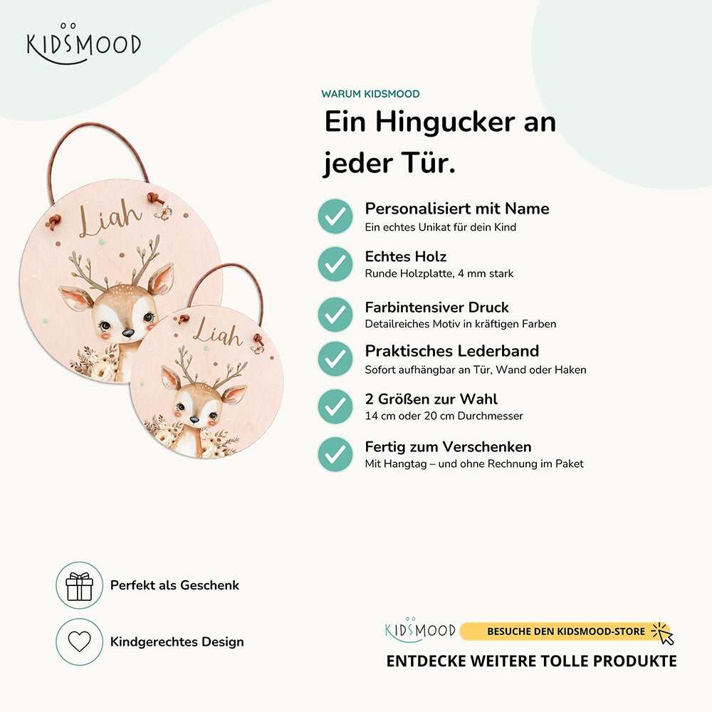 Türschild Kinderzimmer personalisiert mit Name Hirsch mit Blumen