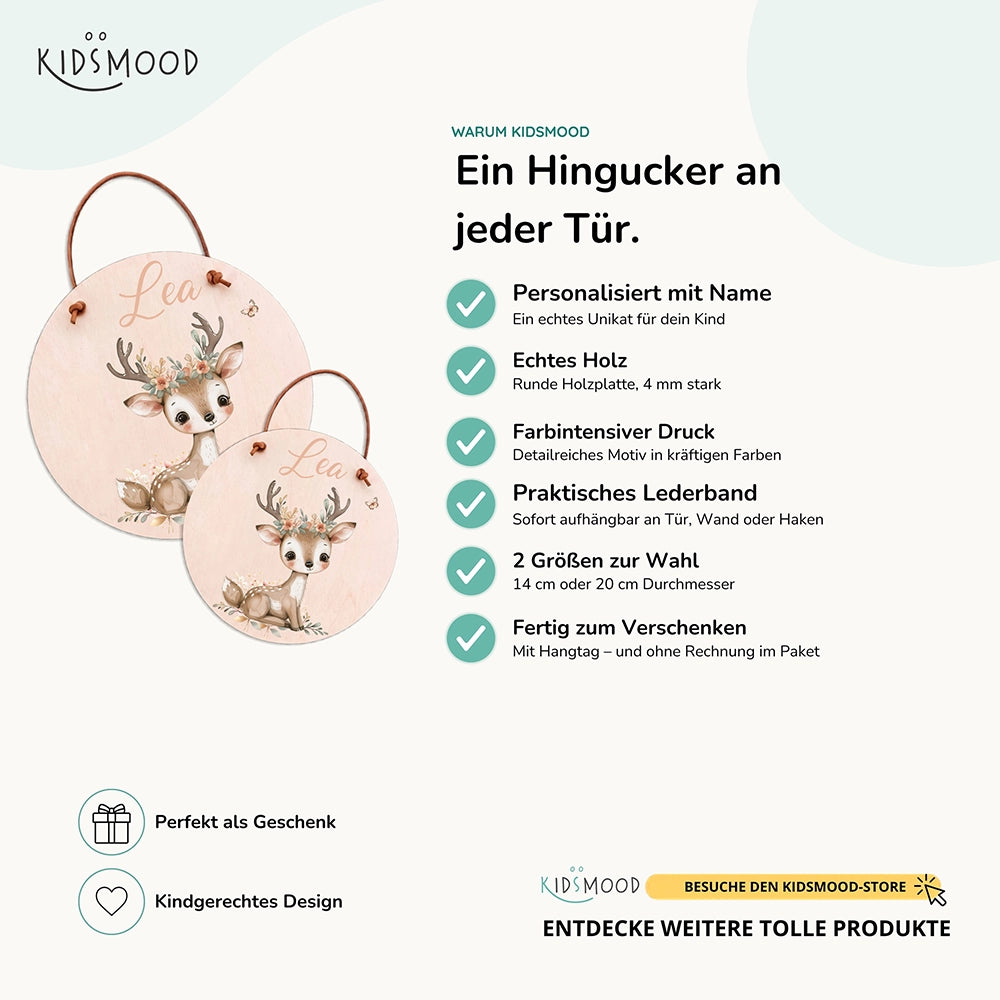 Türschild Kinderzimmer personalisiert mit Name Rehkitz mit Blumenkrone