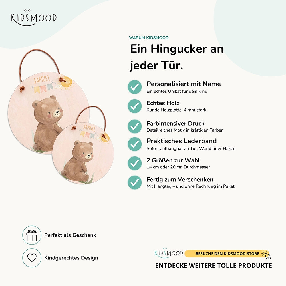 Türschild Kinderzimmer personalisiert mit Name Bär mit Wimpelkette