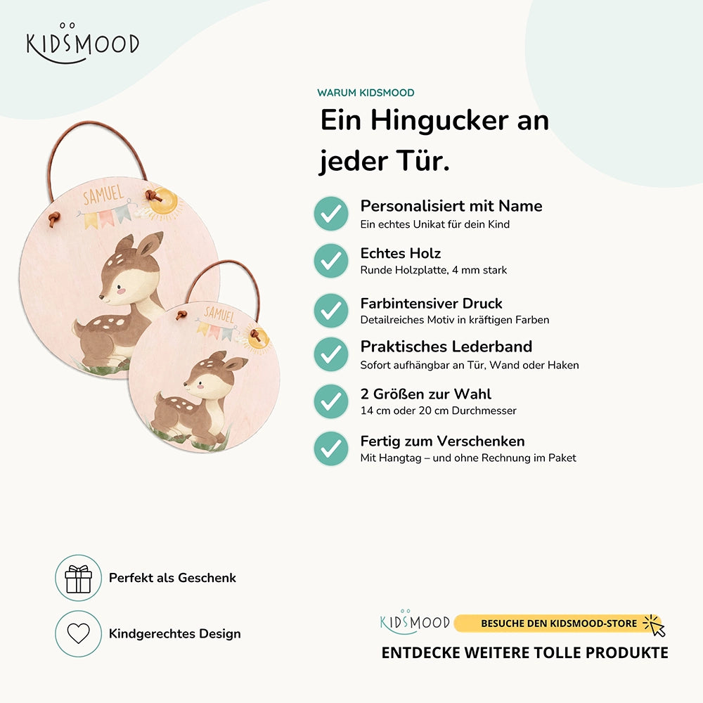 Türschild Kinderzimmer personalisiert mit Name Reh mit Wimpelkette