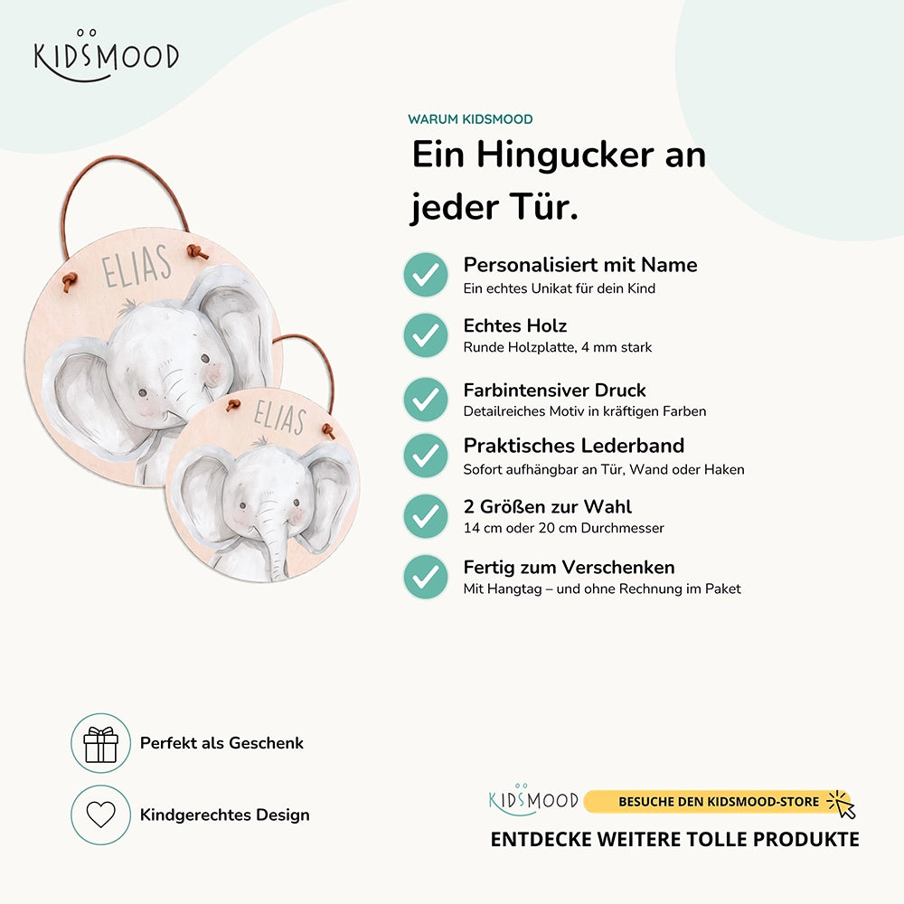 Türschild Kinderzimmer personalisiert mit Name Elefant Porträt