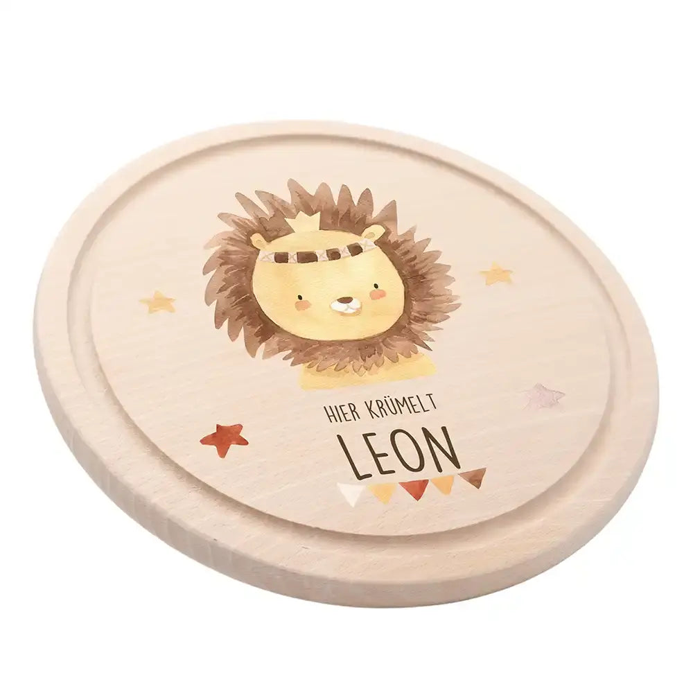 Rundes personalisiertes Frühstücksbrettchen Boho Löwe mit Namen für Kinder