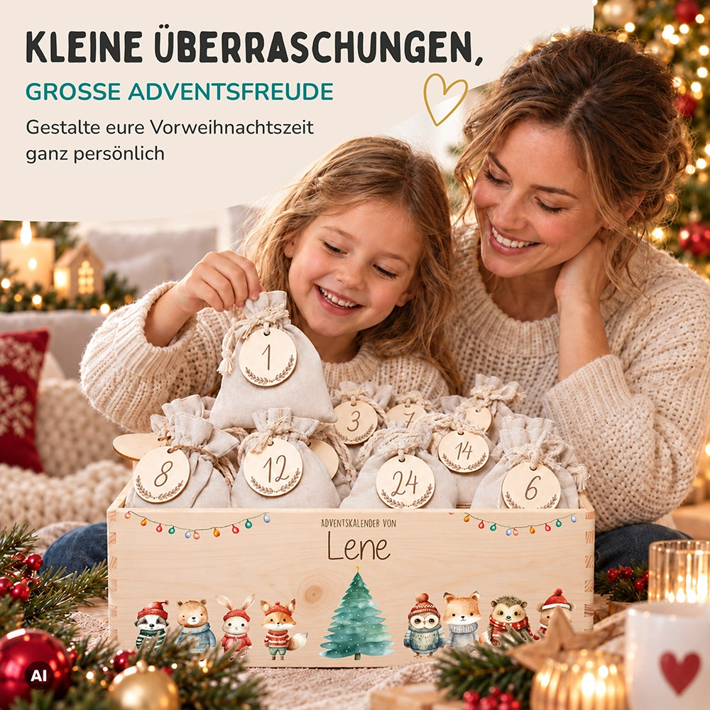 Adventskalender zum Befüllen "Weihnachten mit Tieren und Lichterkette" personalisiert