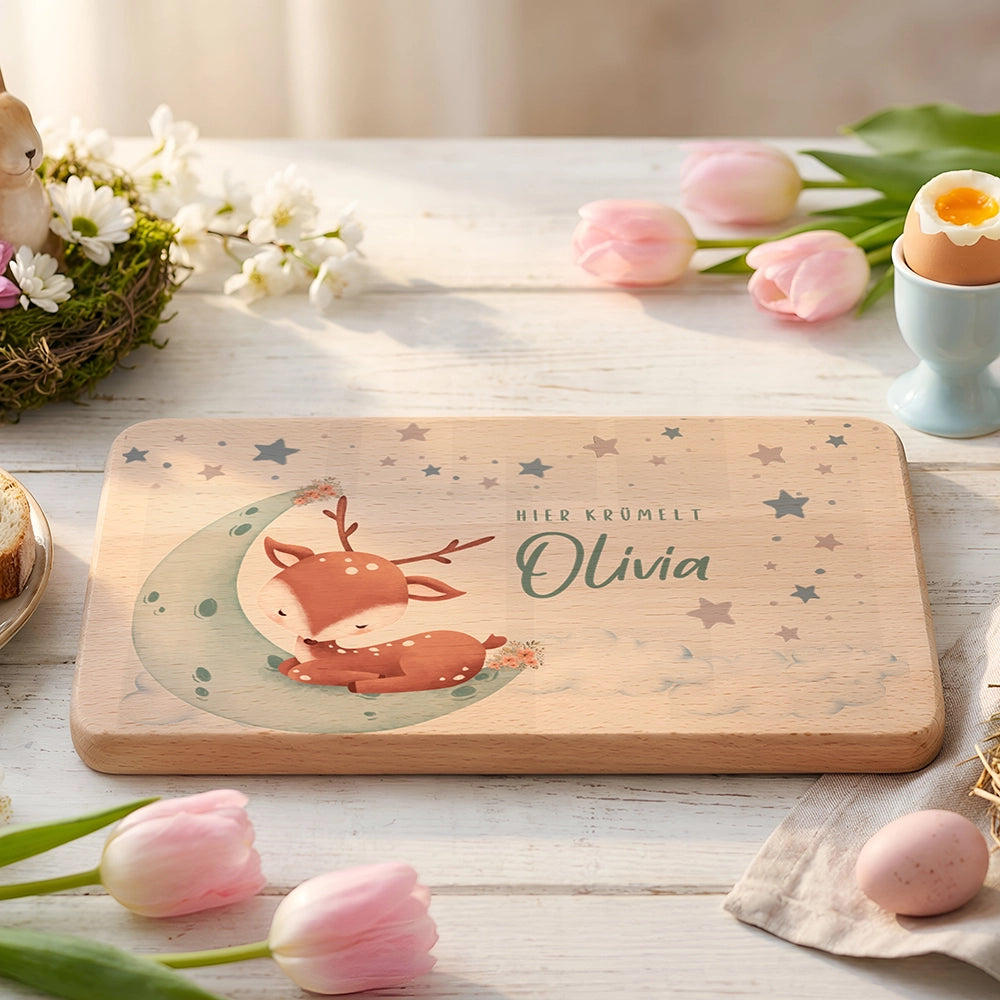 Frühstücksbrettchen Holz personalisiert - Baby Reh