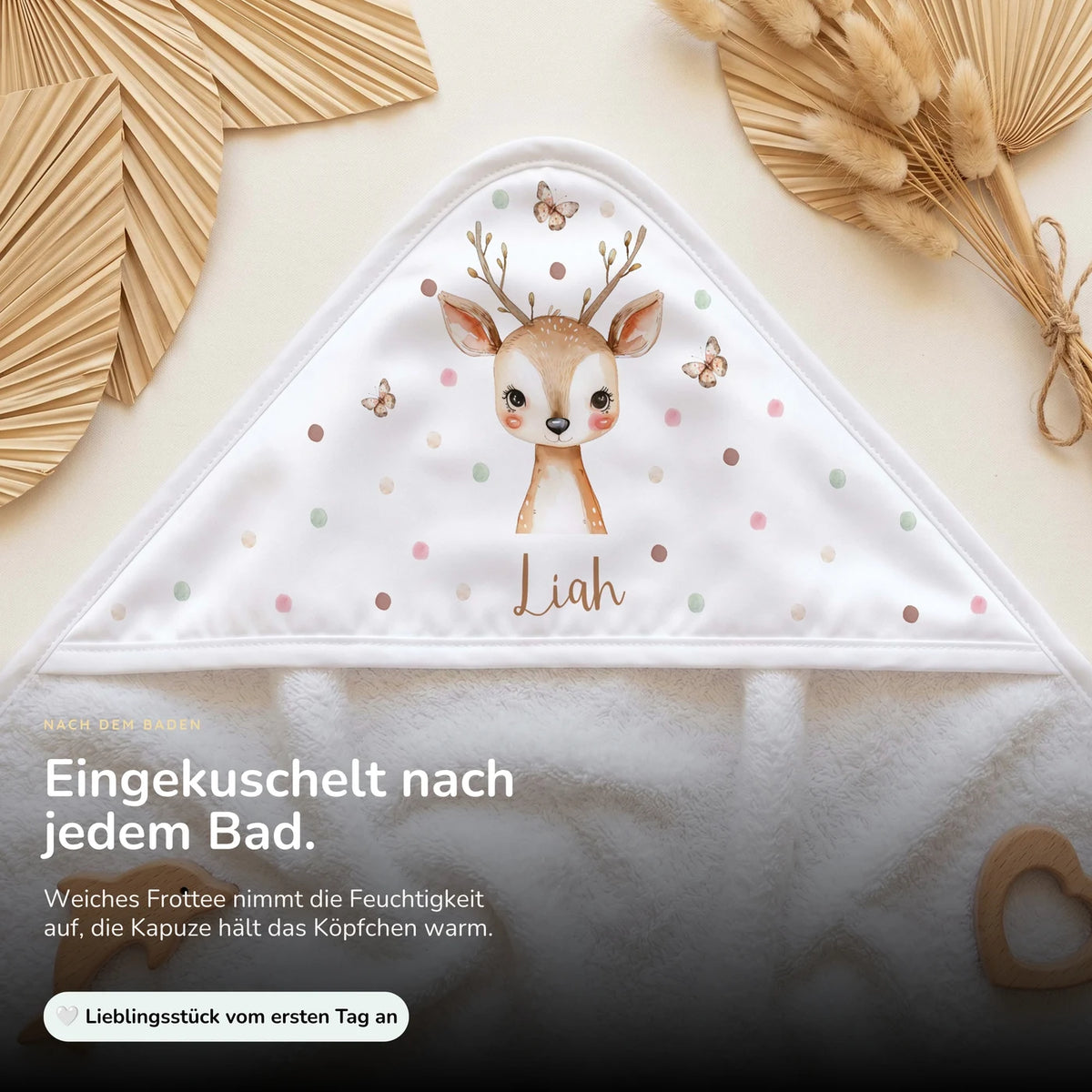Personalisiertes Kapuzenhandtuch Baby – Reh Schmetterlinge