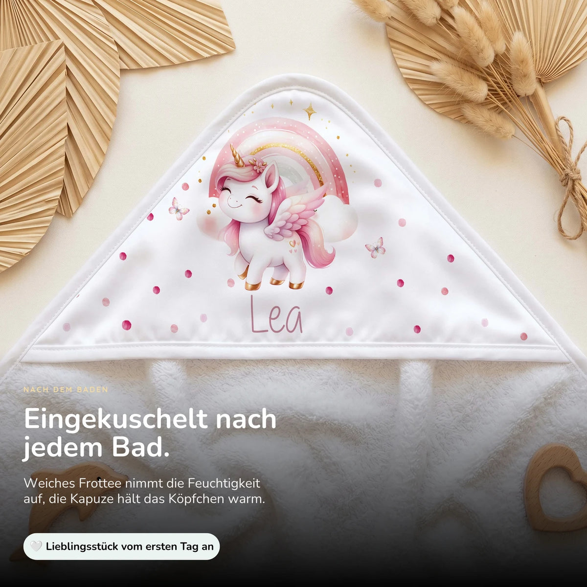 Personalisiertes Kapuzenhandtuch Baby – Einhorn Rosa