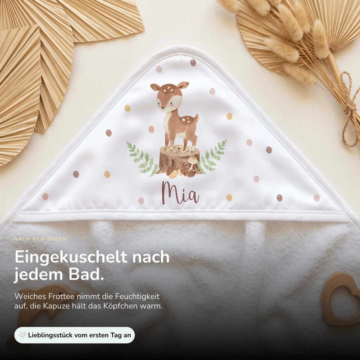 Personalisiertes Kapuzenhandtuch Baby – Reh Baumstumpf