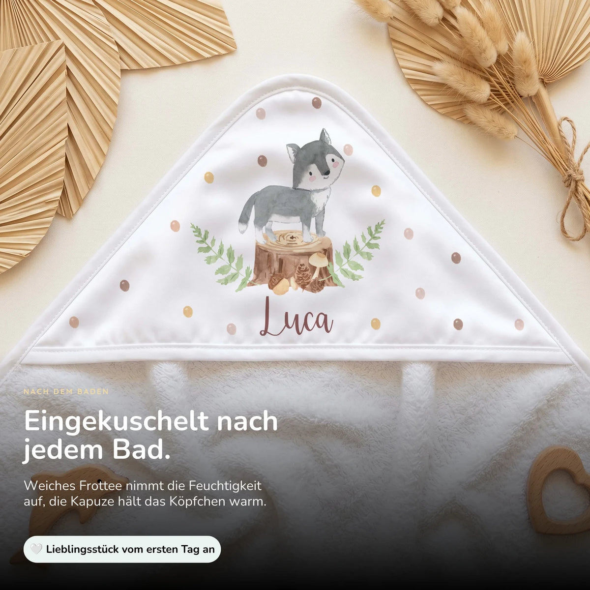 Personalisiertes Kapuzenhandtuch Baby – Wolf Wald