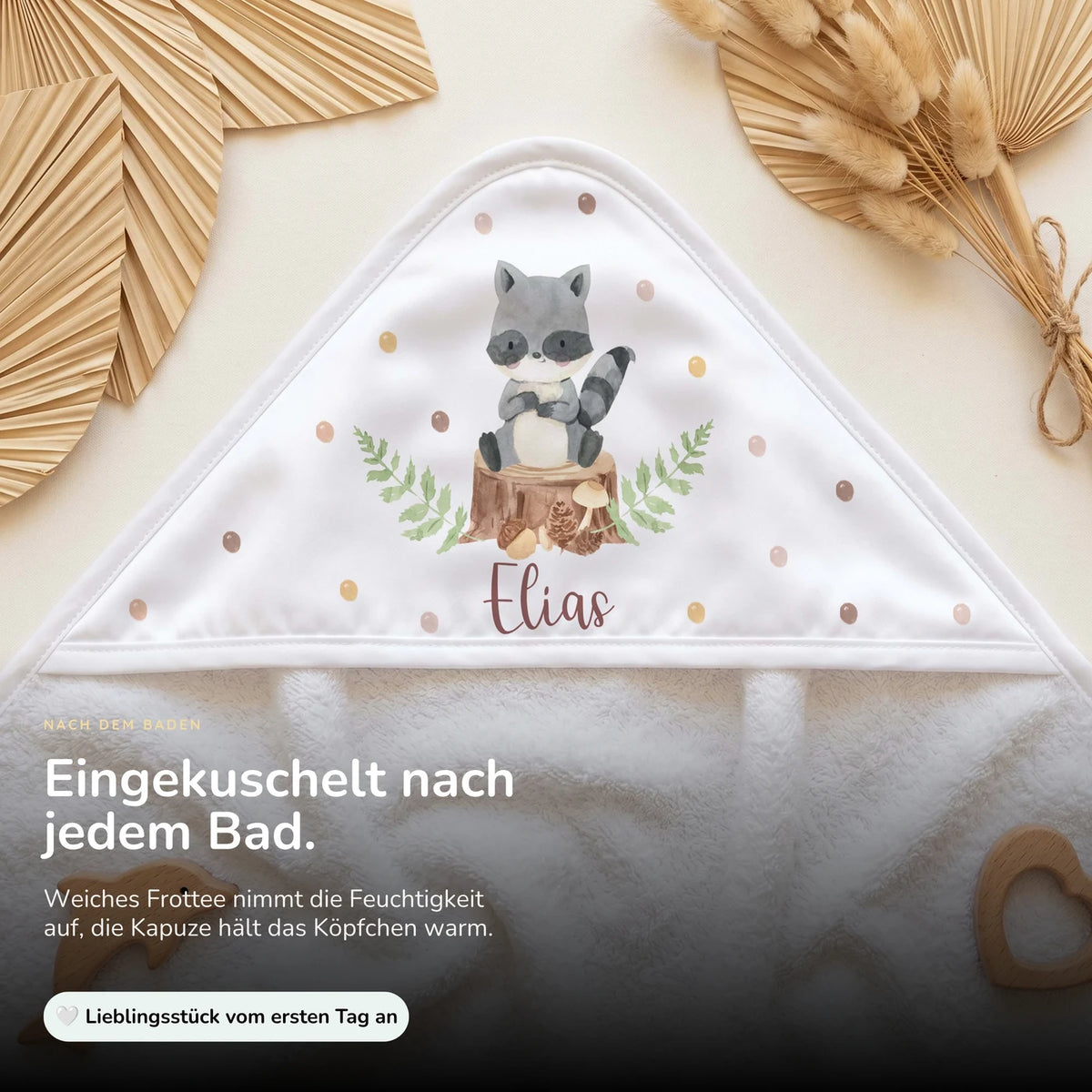 Personalisiertes Kapuzenhandtuch Baby – Waschbär Wald