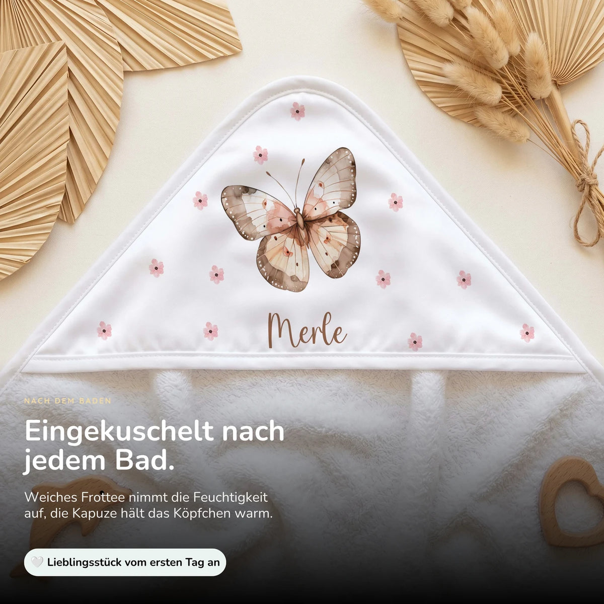 Personalisiertes Kapuzenhandtuch Baby – Schmetterling Boho