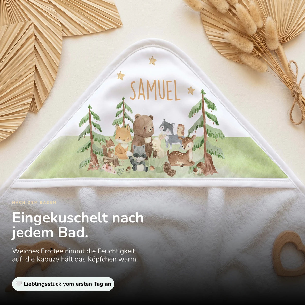 Personalisiertes Kapuzenhandtuch Baby – Waldwiese Tiere