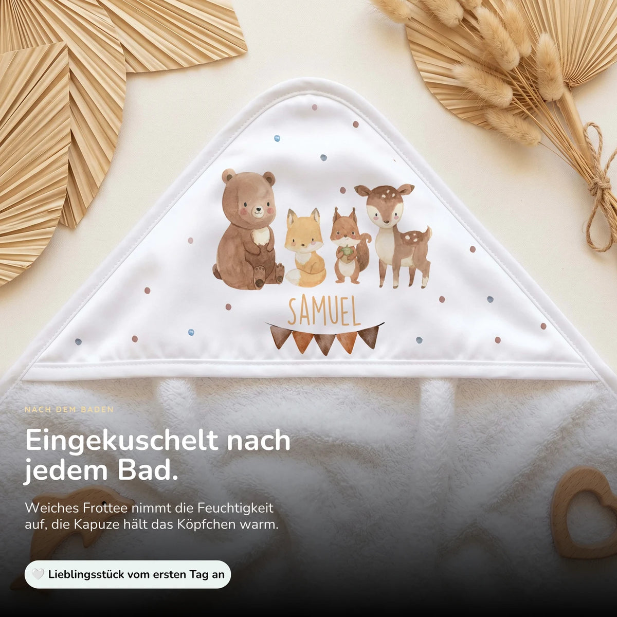 Personalisiertes Kapuzenhandtuch Baby – Waldtiere Wimpel