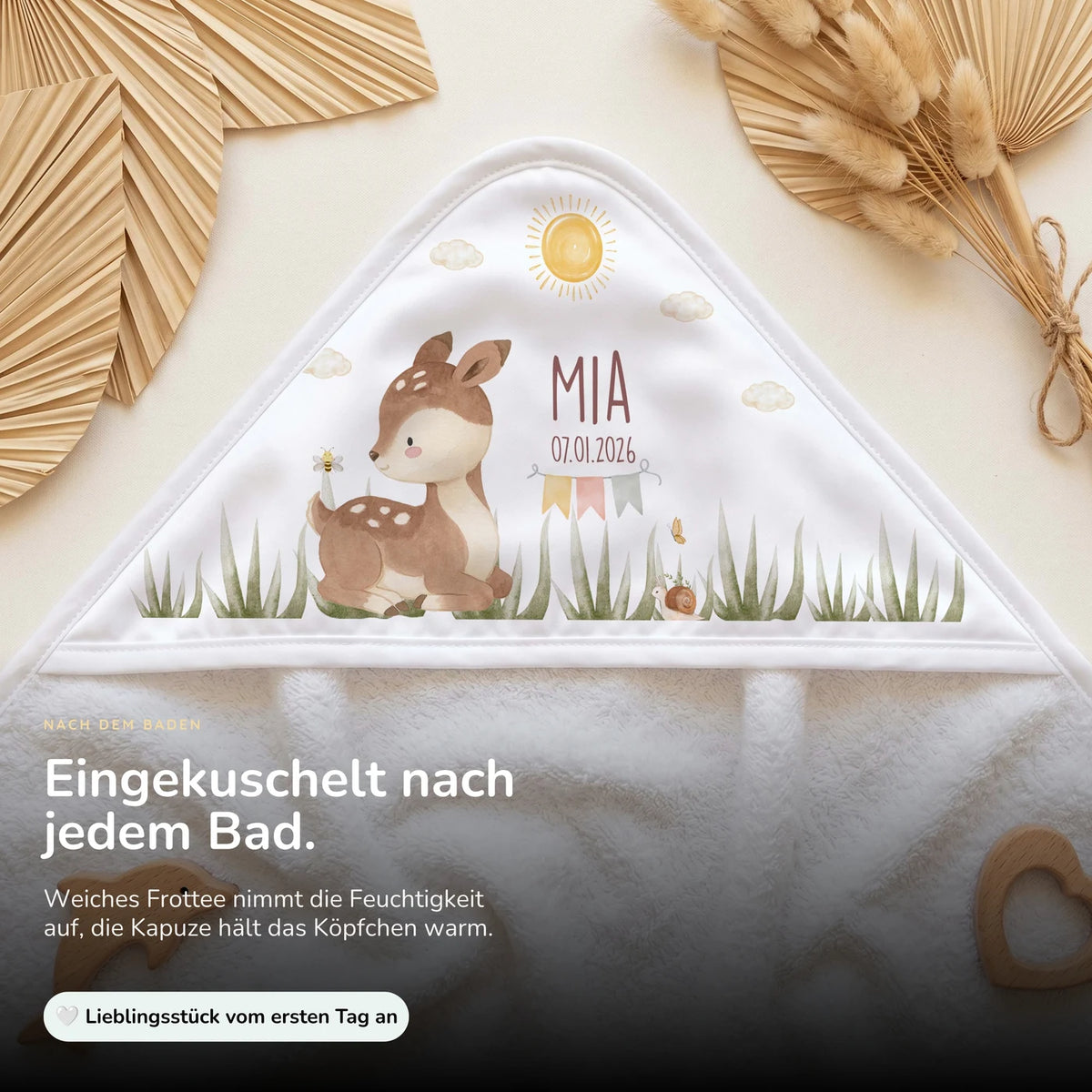 Personalisiertes Kapuzenhandtuch Baby – Reh Geburtsdaten