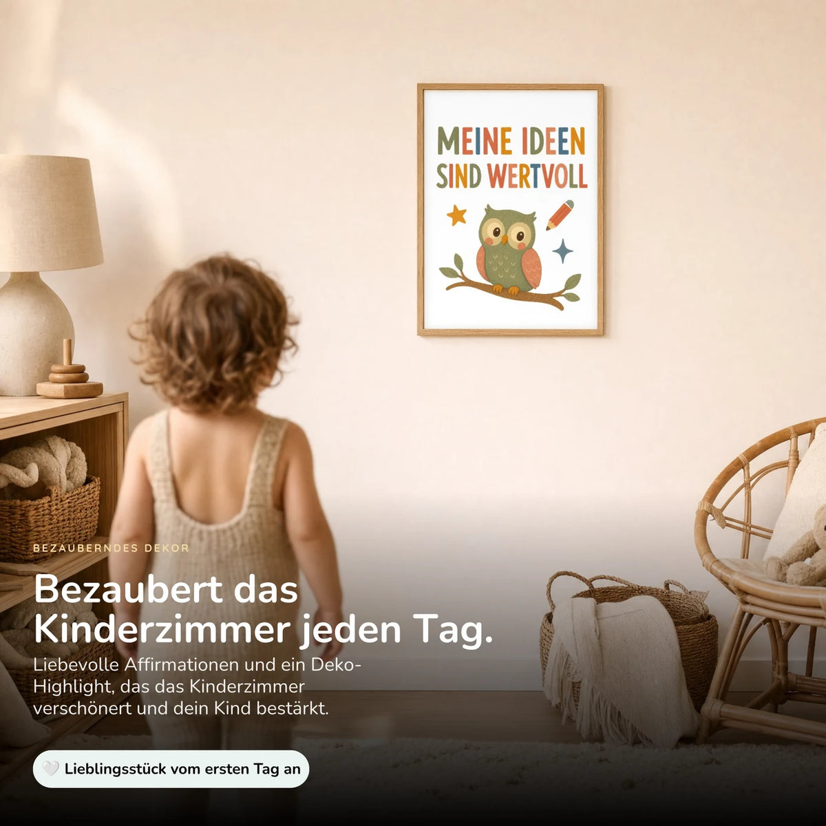 Kind vor dem Affirmationsposter „Eule Meine Ideen sind wertvoll“ an der Wand – Bilder fürs Kinderzimmer