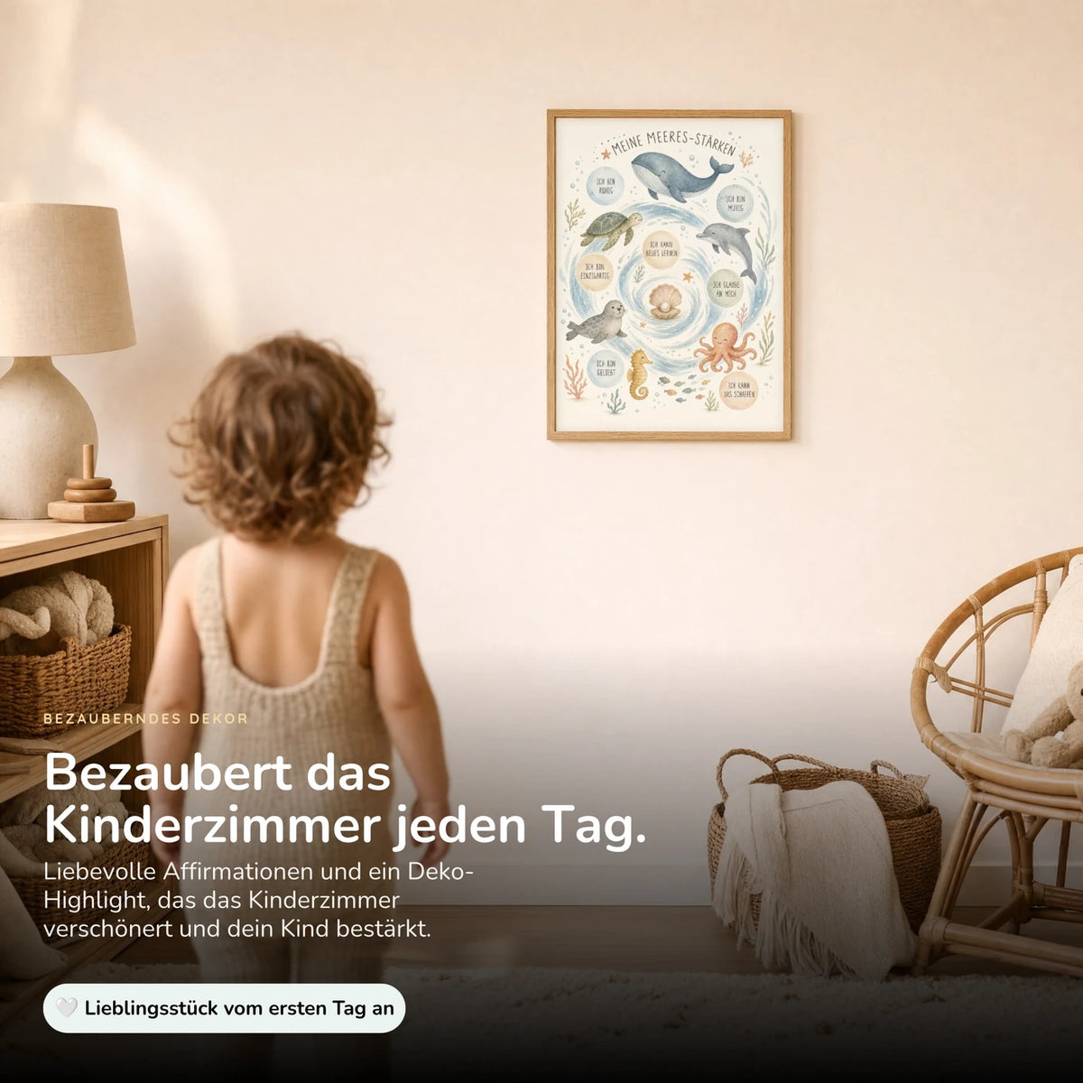 Kind vor dem Affirmationsposter „Meeres-Stärken“ an der Wand – Bilder fürs Kinderzimmer