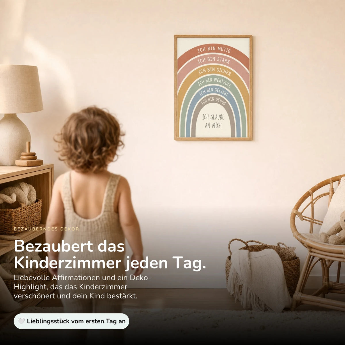 Kind vor dem Affirmationsposter „Regenbogen Creme“ an der Wand – Bilder fürs Kinderzimmer