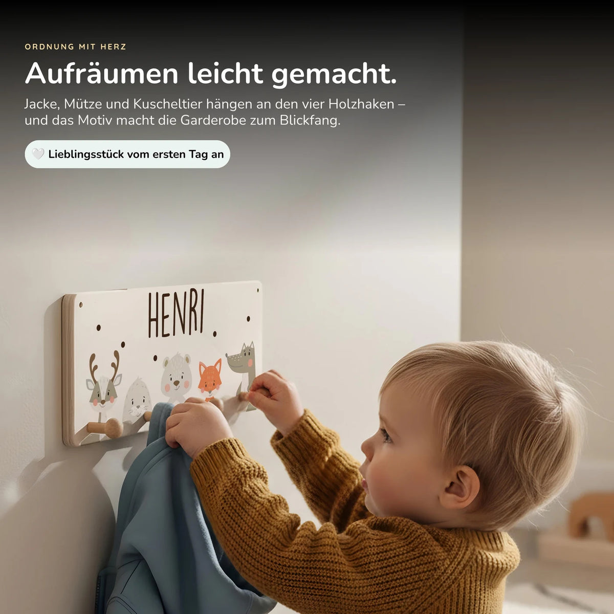 Kindergarderobe Holz personalisiert - Wintertiere