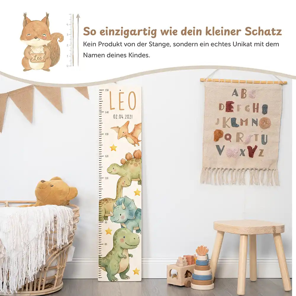 Messlatte Kinder Holz & Aluverbund - Niedliche Dinosaurier