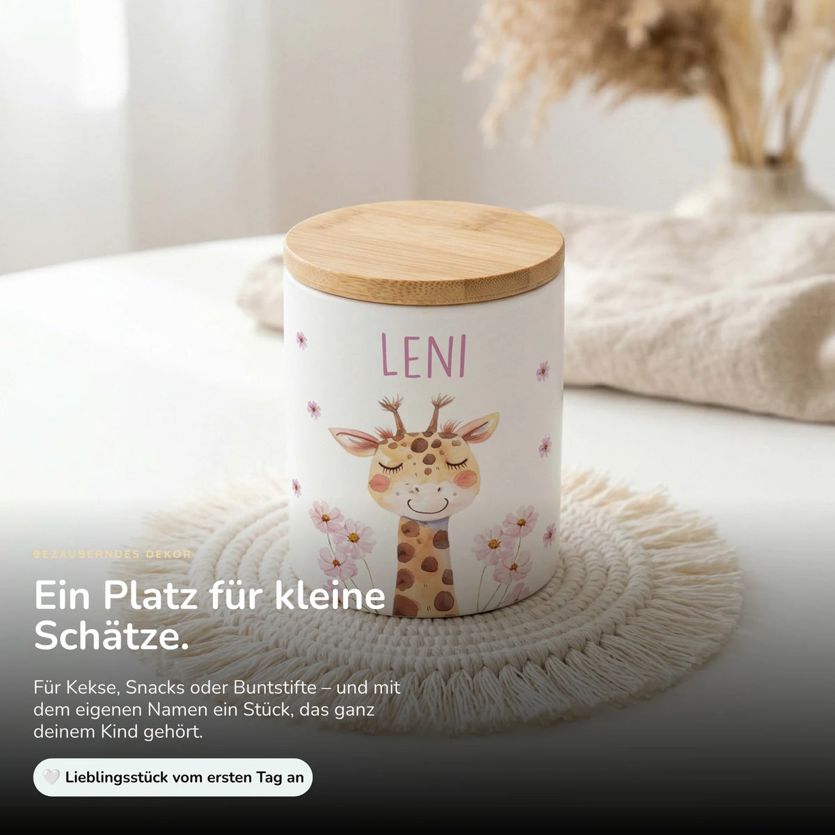 Personalisierte Keksdose Giraffe Blumen – Keramik & Bambus mit Wunschname