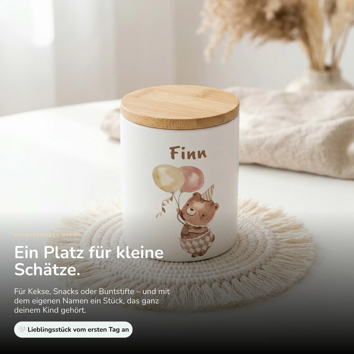 Personalisierte Keksdose Bär Geburtstag – Keramik & Bambus mit Wunschname