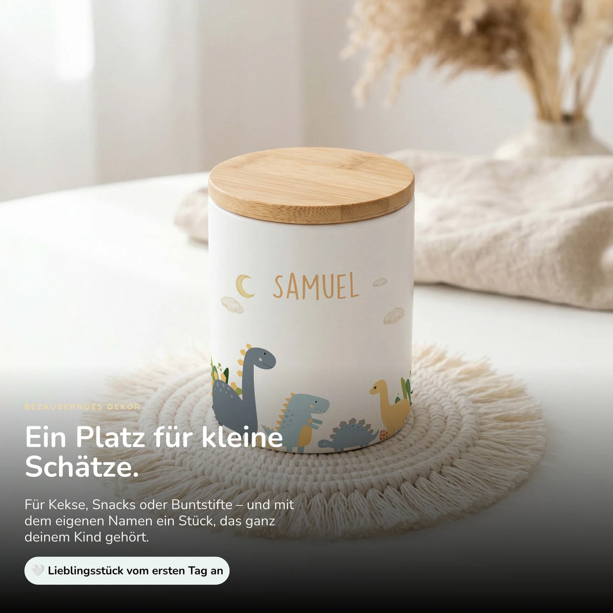 Personalisierte Keksdose Dinosaurier Mond – Keramik & Bambus mit Wunschname