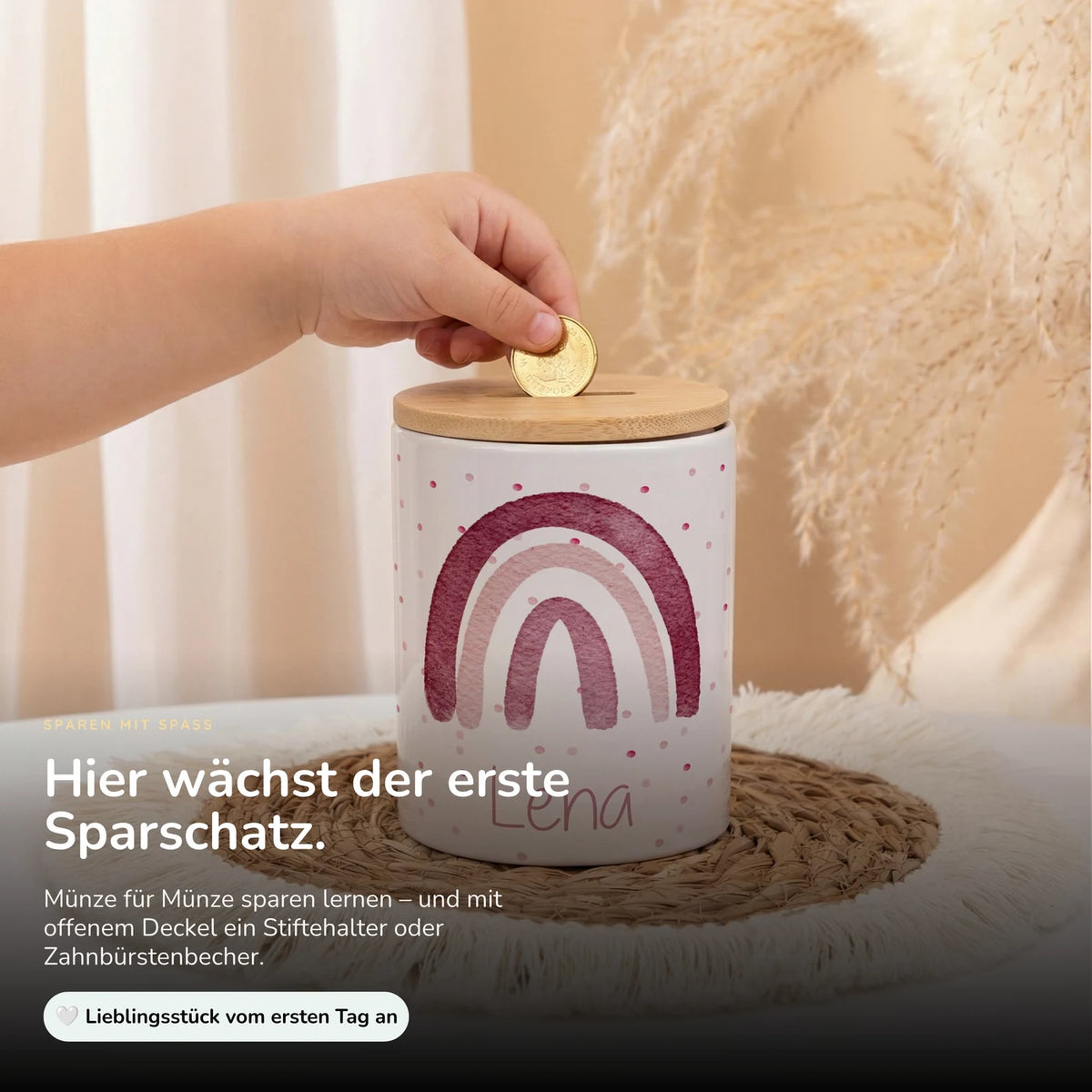 Personalisierte Spardose Regenbogen Rosa – Keramik & Bambus mit Wunschname