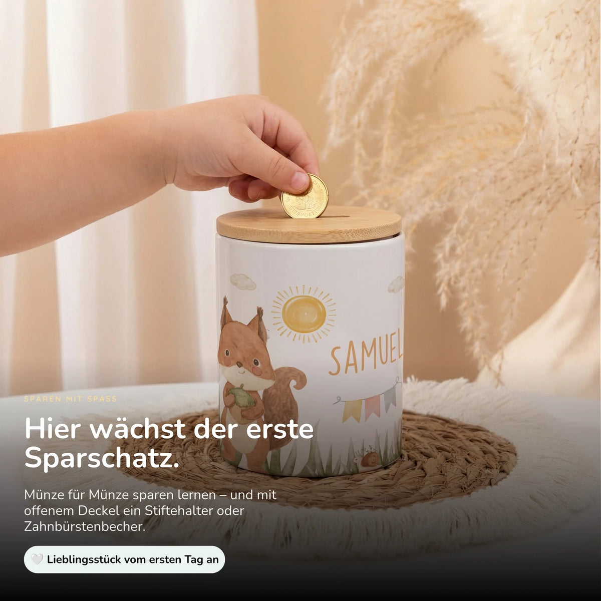 Personalisierte Spardose Eichhörnchen Sommer – Keramik & Bambus mit Wunschname