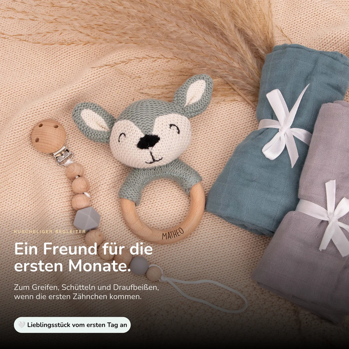 Baby Beißring mit Hirsch - Rosa/Blau Ø 7cm - Zahnen leicht gemacht
