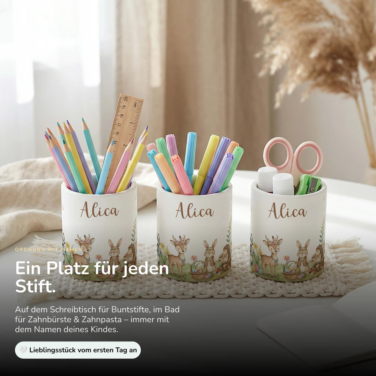Personalisierter Stiftehalter Ostern Waldtiere-Treff – mit Wunschname