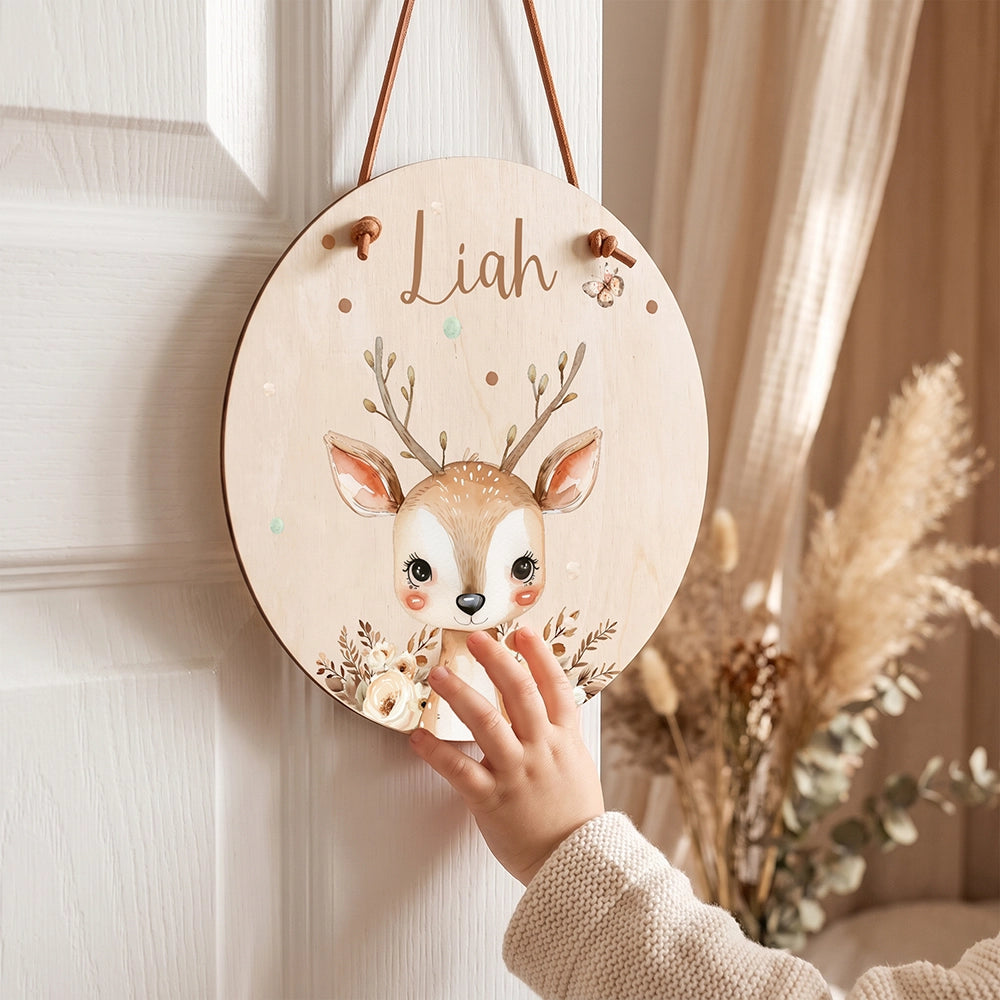 Türschild Kinderzimmer personalisiert mit Name Hirsch mit Blumen