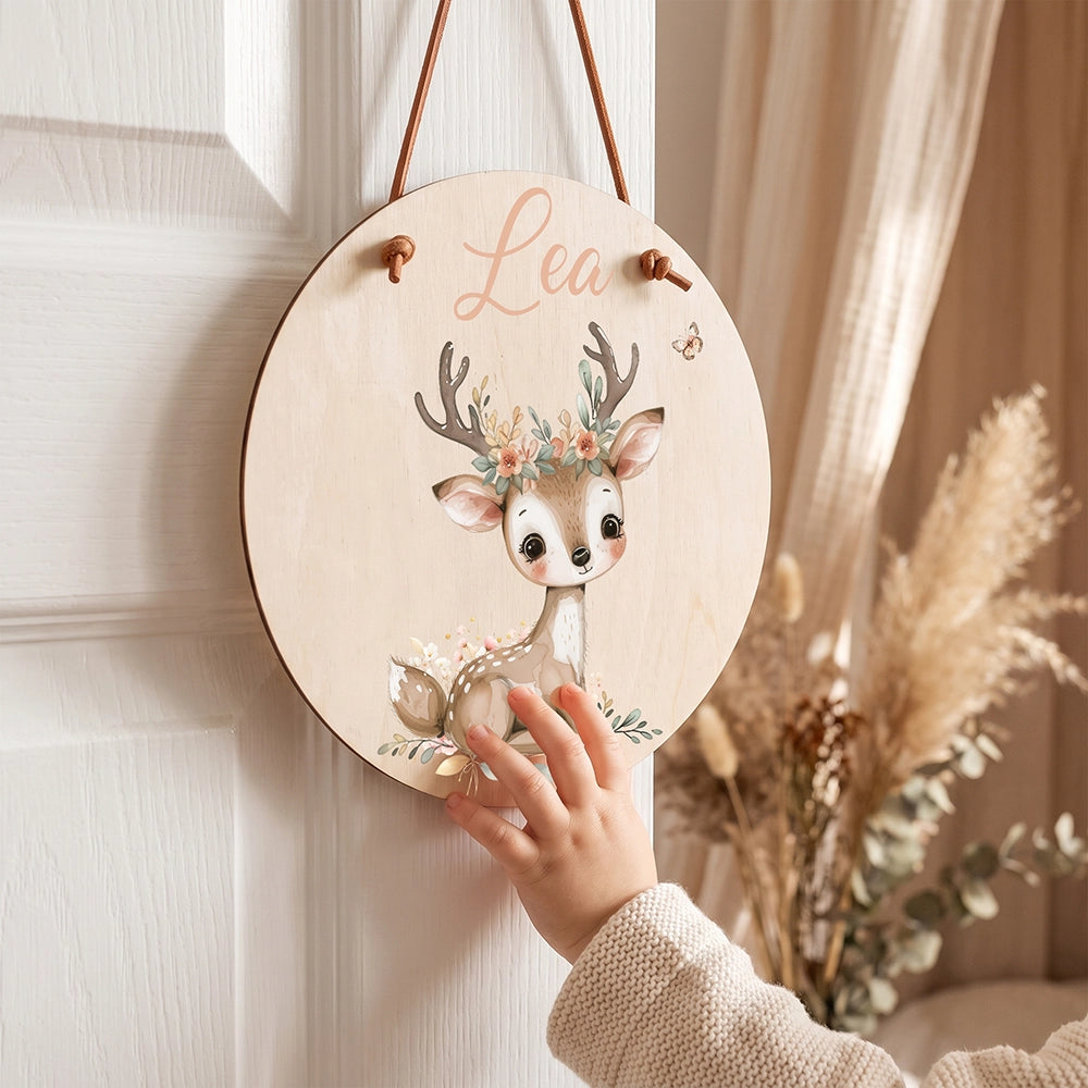 Türschild Kinderzimmer personalisiert mit Name Rehkitz mit Blumenkrone