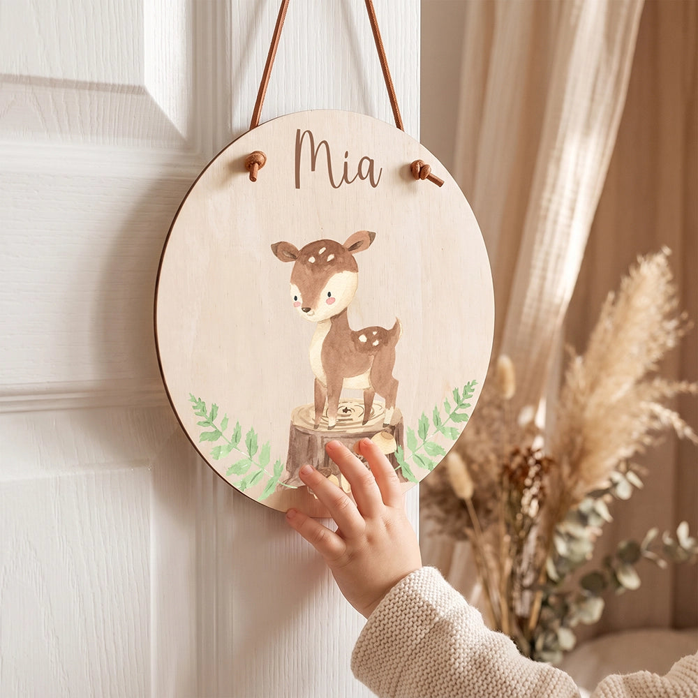 Türschild Kinderzimmer personalisiert mit Name Reh im Wald