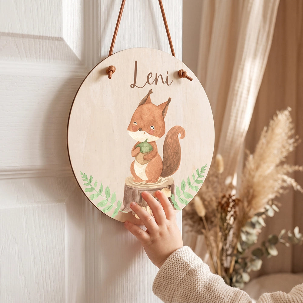 Türschild Kinderzimmer personalisiert mit Name Eichhörnchen im Wald